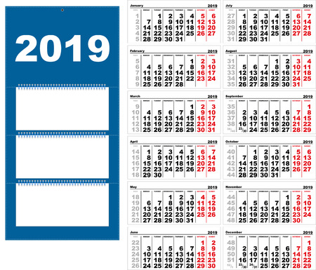 Quarterly wall Calendar for 2019 grid template horizontal. Vector illustrationのイラスト素材