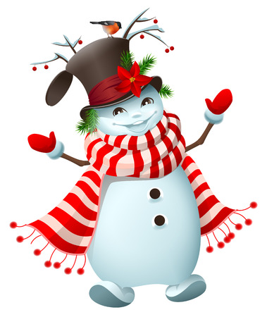 Funny Snowman welcomes New Year and Christmas. Isolated on white vector cartoon illustrationのイラスト素材