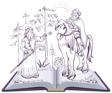 Pushkin fairy tale Song on Prophetic Oleg open book illustration. Vector isolated on whiteのイラスト素材