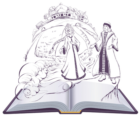 Tale of Tsar Saltan Swan princess pushkin fairy tale. Isolated on white open book illustrationのイラスト素材