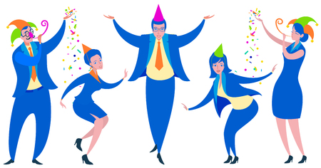 Business men and women fun office party. Flat cartoon people dancing fools day. Vector isolated on whiteのイラスト素材