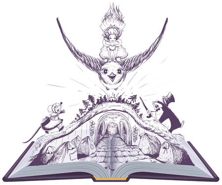 Girl Thumbelina flies on swallow. open book fairy tale illustration. Vector isolated on whiteのイラスト素材