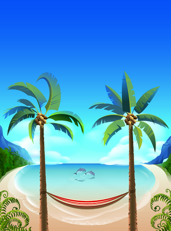 Paradise tropical bay beach with palm tree. Hammock for relaxing and dolphins in blue sea. Vector cartoon illustrationのイラスト素材