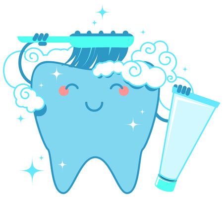 Healthy tooth brushes itself with toothbrush and toothpaste. Isolated on white vector cartoon illustrationのイラスト素材