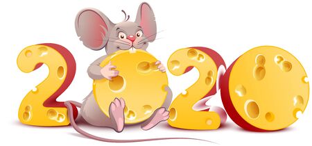 2020 year of mouse. Cute cartoon rat holds cheese. Isolated on white vector illustrationのイラスト素材