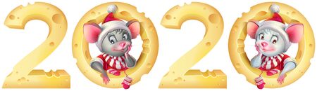 New year 2020 mouse twins. Mice in santa costume and cheese calendar. Isolated on white vector cartoon illustration templateのイラスト素材