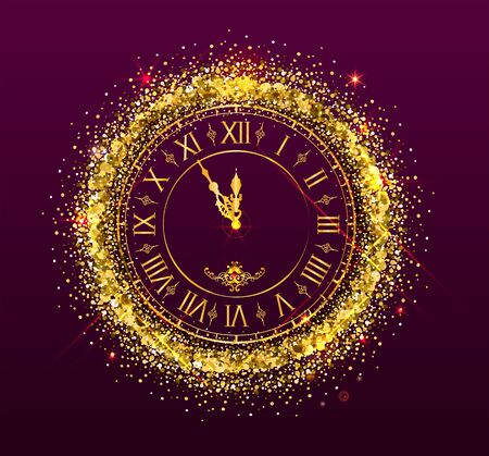 Clock face golden dial watch show midnight Christmas New Years Eve. Vector illustrationのイラスト素材