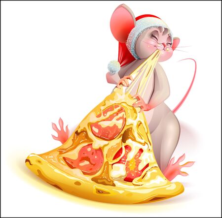 Santa mouse character 2020 year eating pizza with cheese. Vector cartoon isolated on whiteのイラスト素材