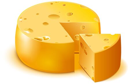 Hard porous cheese big head and sliced piece isolated on white. Vector cartoon illustrationのイラスト素材