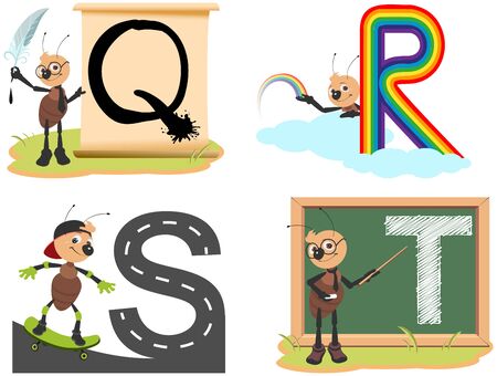 Learning English letters for kids. Set abc english alphabet quill, rainbow, skate, teacher. Isolated on white vector cartoon illustrationのイラスト素材