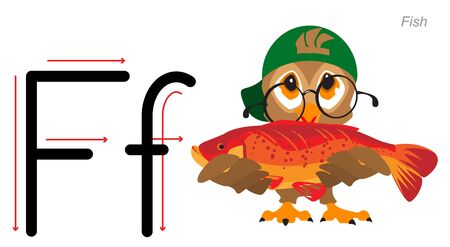 English alphabet letter for preschool. English language abc. Owl bird holds fish. Isolated on white vector cartoon illustrationのイラスト素材