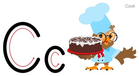 English alphabet picture letter for kids. English language abc. Owl cook hold cake. Isolated on white vector cartoon illustrationのイラスト素材