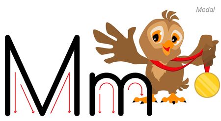 English alphabet abc education. Owl bird hold gold medal. Isolated on white vector cartoon illustrationのイラスト素材