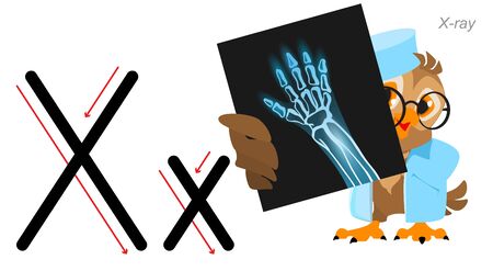 English letter abc alphabet. Owl doctor holds an x-ray. Isolated on white vector cartoon illustrationのイラスト素材