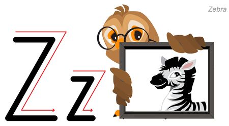 Letter Z of the English alphabet. An owl holds an image of zebra. Isolated on white vector cartoon illustrationのイラスト素材
