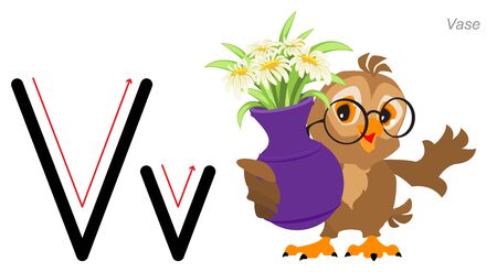 Alphabet with pictures. English abc letter education. Cute owl bird holds vase. Isolated on white vector cartoon illustrationのイラスト素材