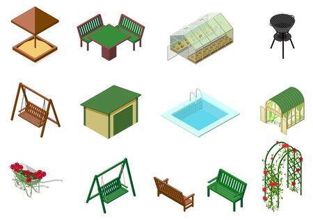 Garden architecture objects 3d isometric illustration. Sandbox, table, chair, swing, trolley, greenhouse, flowers, bench, pool, barbecue and flowerbed roses. Vector cartoon isolated on whiteのイラスト素材