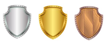 Silver, gold and wooden shield set icon isolated on white. Vector cartoon illustrationのイラスト素材