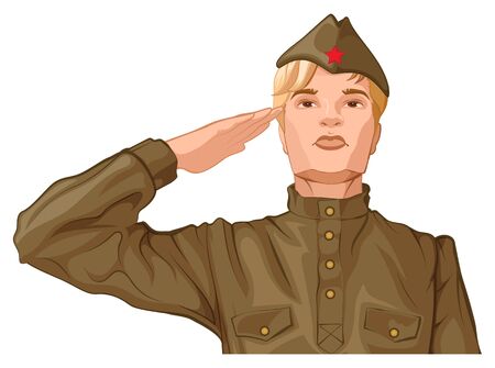 Russian soldier man in retro military uniform salutes with his hand. Isolated on white vector cartoon illustrationのイラスト素材