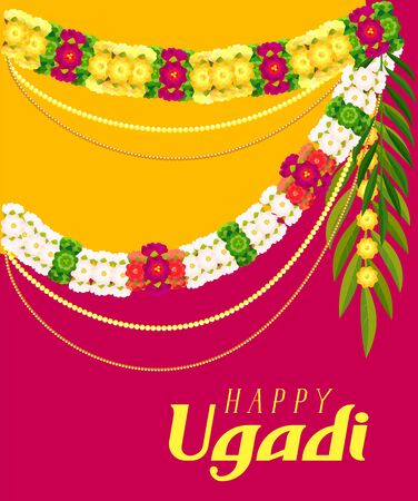 Happy ugadi text greeting card. Floral garland mala. Vector template illustrationのイラスト素材