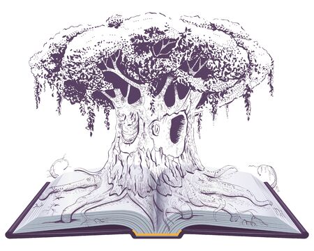 Big old tree of knowledge on open book. Reading education vector illustrationのイラスト素材