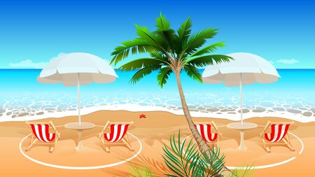 Beach holiday after coronavirus covid 19 epidemic. Chaise longue social distance circle marking. Vector cartoon illustrationのイラスト素材