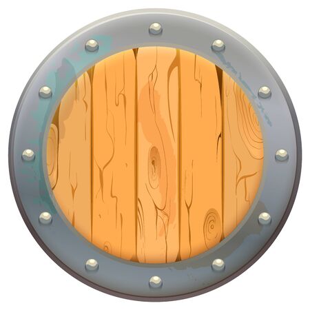 Round wooden shield with metal rivets isolated on white. Medieval knight armor. Vector cartoon illustrationのイラスト素材