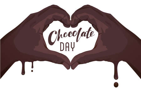 World Chocolate Day text lettering template greeting card. Palms hands symbol heart love chocolate....