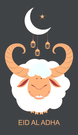 Eid al Adha template greeting card Feast of Sacrifice. Sacrificial animal ram, crescent moon and lantern on night sky. Vector cartoon illustrationのイラスト素材