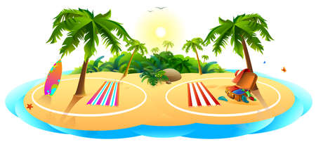 Covid safe beach for summer holidays. Sea, palm trees, sand is safe place to rest. Vector cartoon illustrationのイラスト素材