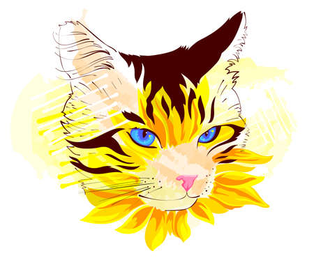 Ginger cat head sunflower concept drawing vector illustration isolated on whiteのイラスト素材