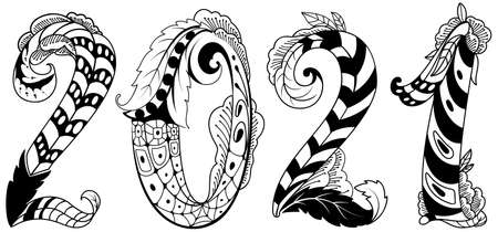 2021 New Year abstract number tribal tattoo isolated on white floral ornament vector illustrationのイラスト素材