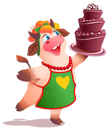 Cute cow housewife in an apron baked delicious chocolate cake. Isolated on white vector cartoon illustrationのイラスト素材