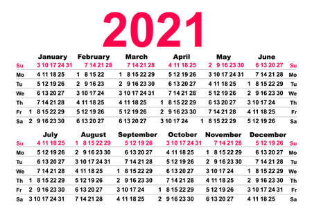 Calendar 2021 template grid sunday first day of week. Isolated on white vector illustrationのイラスト素材