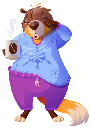 Groundhog day forecast winter. Sleepy marmot rubs his eyes and holds mug of coffee. Isolated on white vector cartoon illustrationのイラスト素材