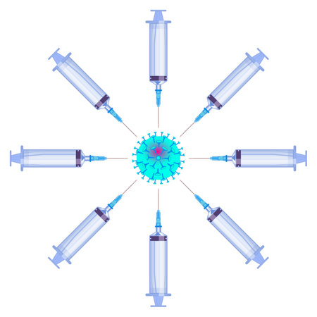 Coronavirus vaccination campaign covid 19. Syringe against virus concept illustration. Vector isolated on whiteのイラスト素材