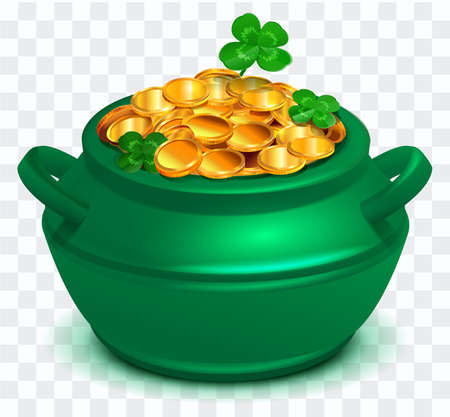 Green cauldron full of gold coin on transparent background. Clover four leaf symbol St. Patrick s Day. Vector cartoon illustrationのイラスト素材