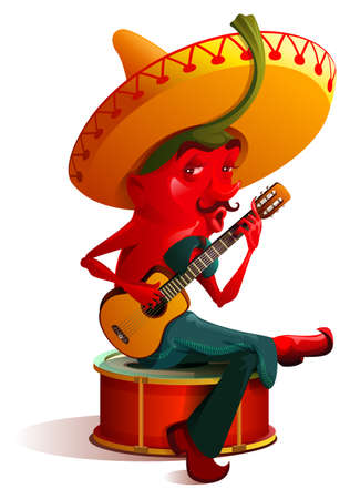 Mexican chili pepper character sombrero plays guitar. Cinco de mayo holiday. Isolated on white vector cartoon illustrationのイラスト素材