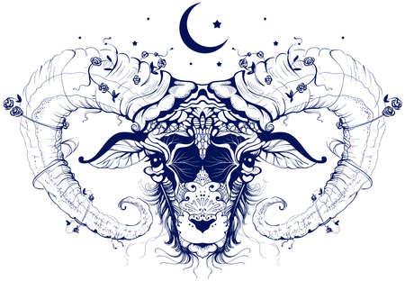 Ram head abstract drawing crescent moon sacrifice symbol. Vector illustration isolated on whiteのイラスト素材