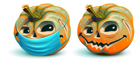 Halloween and virus. Pumpkin lantern in protective medical mask. Vector cartoon illustration isolated on whiteのイラスト素材