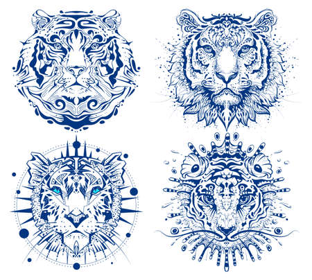 Set tiger abstract face head print. 2022 year symbol chinese calendar water tiger. Vector illustration isolated on whiteのイラスト素材