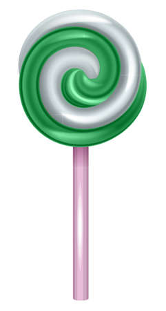 Green mint sweet christmas lollipop round spiral on stick. Vector cartoon illustration isolated on whiteのイラスト素材