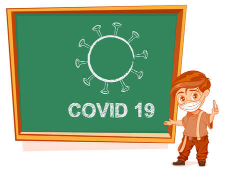 Schoolboy boy stand green chalkboard showing covid 19 virus. Student in protective medical mask in lesson. Vector cartoon illustration isolated on whiteのイラスト素材