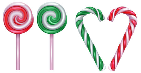 Set of red and green sweet lollipop cane symbol christmas. Isolated on white vector cartoon illustrationのイラスト素材