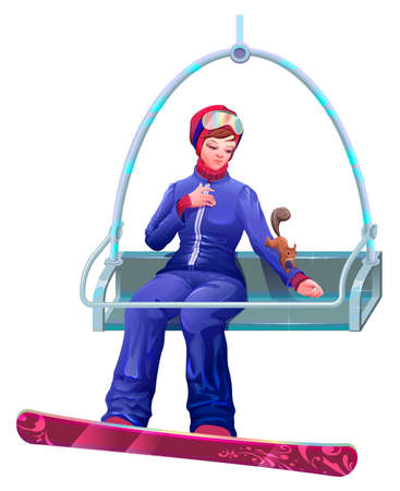 Young girl snowboarder on lift feed squirrel. Winter sport leisure. Vector cartoon illustration isolated on whiteのイラスト素材
