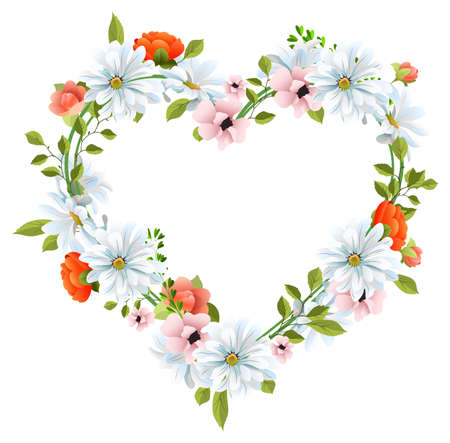 White chamomile and red rose bud template frame heart shape symbol love. Greeting card invitation for wedding or valentine's day. Vector illustration isolatedのイラスト素材