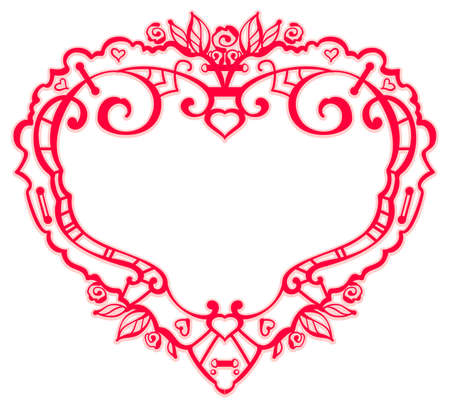 Frame red heart symbol love template greeting card valentine's day. Vector ornate drawing illustration isolated on whiteのイラスト素材