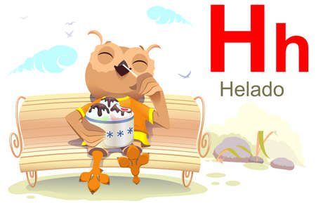ABC spanish alphabet letter H helado. Owl sit bench and eat ice cream. Vector cartoon illustration isolated on whiteのイラスト素材