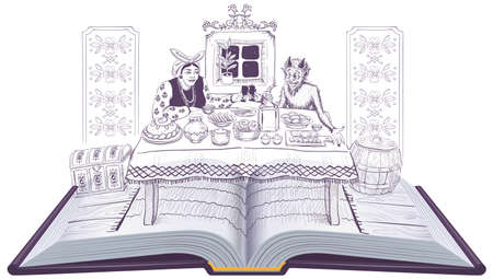 Ukrainian literature open book illustration Evenings on Farm near Dikanka. Ukrainian woman Solokha drinking wine with devil. Vector cartoon illustration isolated on whiteのイラスト素材