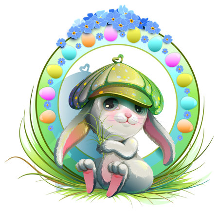 Cute easter bunny sit and hold green grass. Template greeting card. Vector cartoon illustrationのイラスト素材